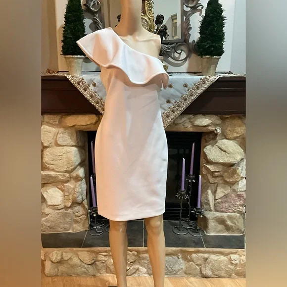 calvin klein one shoulder ruffle dress Calvin Klein Full Length Dress One Shoulder Ruffle Size 4 Red